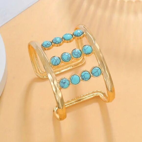 Hand crafted Hollow Out Cuff Bangle Bracelet Inlaid Turquoise - Picture 3 of 5